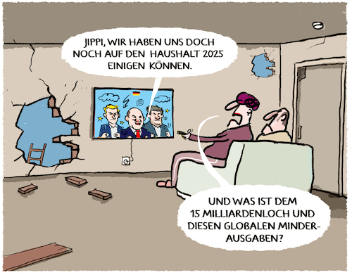 Cartoon: Haushalt 2025 (medium) by markus-grolik tagged regierung,haushalt,2025,ampel,spd,fdp,gruene,globale,minderausgaben,schulden,kredite,haushaltsloch,scholz,lindner,verschuldung,bahn,berlin,deutschland,regierung,haushalt,2025,ampel,spd,fdp,gruene,globale,minderausgaben,schulden,kredite,haushaltsloch,scholz,lindner,verschuldung,bahn,berlin,deutschland