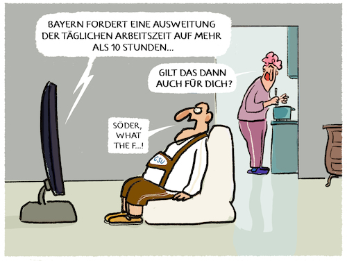 Cartoon: Lange Arbeitszeiten... (medium) by markus-grolik tagged bayern,soeder,csu,arbeitszeiten,facharbeitermangel,demografie,deutschland,arbeitnehmer,rente,mann,frau,gender,pay,gap,beruf,familie,care,arbeitniedriglohn,bayern,soeder,csu,arbeitszeiten,facharbeitermangel,demografie,deutschland,arbeitnehmer,rente,mann,frau,gender,pay,gap,beruf,familie,care,arbeitniedriglohn