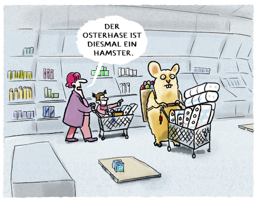 Cartoon: ...leere Regale... (medium) by markus-grolik tagged ostern,corona,hamstern,hamsterkauf,virus,ausgangssperre,lebensmittel,covid,19,ostern,corona,hamstern,hamsterkauf,virus,ausgangssperre,lebensmittel,covid,19