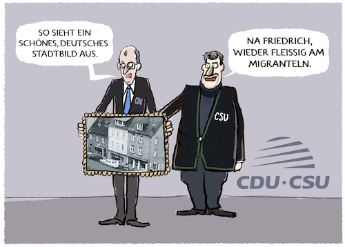 Cartoon: Merz der Stadtbild-Migrantler (medium) by markus-grolik tagged merz,soeder,cdu,csu,stadtbild,grau,immigration,deutschland,auslaender,konservatismus,rassismus,vergangenheit,damals,union,kanzler,merz,soeder,cdu,csu,stadtbild,grau,immigration,deutschland,auslaender,konservatismus,rassismus,vergangenheit,damals,union,kanzler