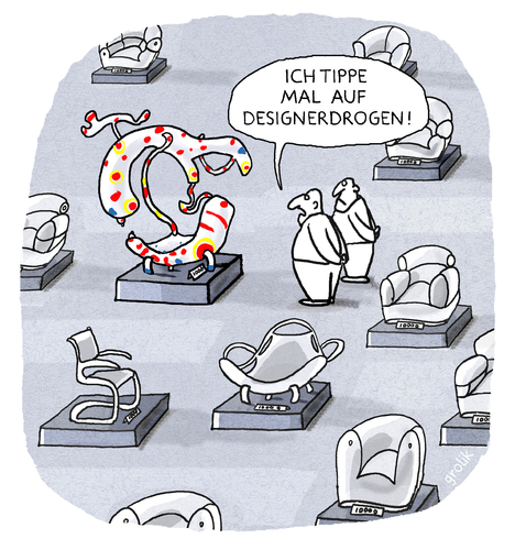 Cartoon: Modern Design (medium) by markus-grolik tagged design,stuhl,drahtstuhl,objekt,kunst,künstler,kritiker,betrachter,drogenrausch,schaffensrausch