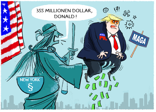 Cartoon: New York verurteilt Trump.. (medium) by markus-grolik tagged us,praesident,donald,trump,new,york,355,millionen,dollar,strafe,strafzahlung,betrugsprozess,bundesstaat,richter,engoron,usa,demokratie,rechtsstaat,gerichtsurteil,us,praesident,donald,trump,new,york,355,millionen,dollar,strafe,strafzahlung,betrugsprozess,bundesstaat,richter,engoron,usa,demokratie,rechtsstaat,gerichtsurteil