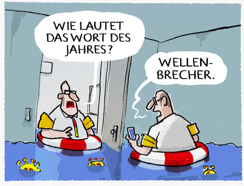 Cartoon: Pegelstand (medium) by markus-grolik tagged wort,des,jahres,wellenbrecher,gesellschaft,fuer,sprache,klima,klimawandel,ueberschwemmungen,ahrtal,sturzregen,pandemie,wort,des,jahres,wellenbrecher,gesellschaft,fuer,sprache,klima,klimawandel,ueberschwemmungen,ahrtal,sturzregen,pandemie