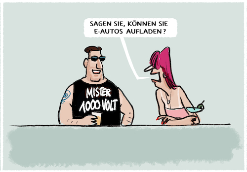 Cartoon: Private Elektroladestation (medium) by markus-grolik tagged private,elektroladestation,mister,1000,volt,eauto,elektroauto,elektromobiltaet,macho,mann,frau,karikatur,auto,cartoon,muskelprotz,flirt,theke,private,elektroladestation,mister,1000,volt,eauto,elektroauto,elektromobiltaet,macho,mann,frau,karikatur,auto,cartoon,muskelprotz,flirt,theke