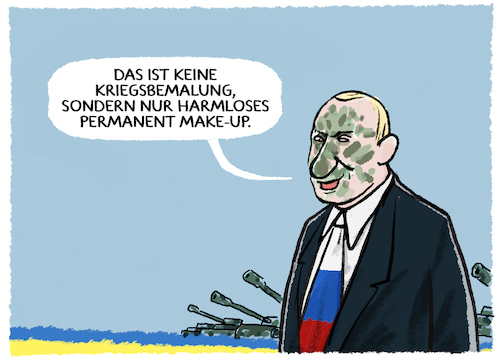 Cartoon: Putins make-up (medium) by markus-grolik tagged putin,ukraine,russland,militaer,europa,kiew,invasion,panzer,usa,nato,kalter,krieg,diplomatie,makeup,kriegsbemalung,drohgebaerden,putin,ukraine,russland,militaer,europa,kiew,invasion,panzer,usa,nato,kalter,krieg,diplomatie,makeup,kriegsbemalung,drohgebaerden