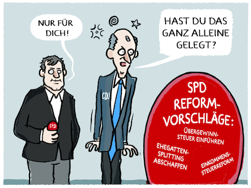 Cartoon: Reformplan... (medium) by markus-grolik tagged deutschland,reformen,spd,cdu,csu,merz,regierung,ehegattensplitting,uebergewinnsteuer,deutschland,reformen,spd,cdu,csu,merz,regierung,ehegattensplitting,uebergewinnsteuer