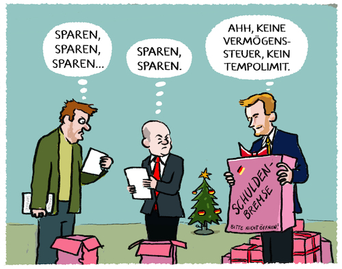 Cartoon: Schöne Bescherung... (medium) by markus-grolik tagged weihnachten,bescherung,ampel,schuldenbremse,sparen,einsparungen,spd,fdp,gruene,klimawende,energiewende,finanzen,finanzminister,sparhaushalt,lindner,habeck,scholz,koalition,deutschland,berlin,bundesregierung,2023,2024,weihnachten,bescherung,ampel,schuldenbremse,sparen,einsparungen,spd,fdp,gruene,klimawende,energiewende,finanzen,finanzminister,sparhaushalt,lindner,habeck,scholz,koalition,deutschland,berlin,bundesregierung,2023,2024