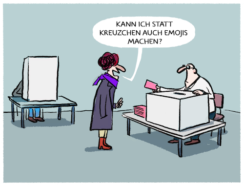 Cartoon: Stimmabgabe... (medium) by markus-grolik tagged wahlen,kreuze,kreuzchen,wahlbuero,bundestagswahl,stimmabgabe,waehler,wochenende,emoji,wahlen,kreuze,kreuzchen,wahlbuero,bundestagswahl,stimmabgabe,waehler,wochenende,emoji