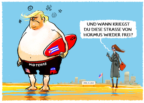 Cartoon: Surfin USA (medium) by markus-grolik tagged trump,usa,maga,midterms,iran,strasse,von,hormus,öl,cuba,kuba,krieg,militär,trump,usa,magamidterms,iran,strasse,von,hormus,öl,cuba,kuba,krieg,militär