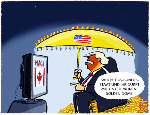 Cartoon: Trumps Golden Dome (medium) by markus-grolik tagged praesident,trump,maga,us,usa,kanada,bundesstaat,golden,dome,schutzschirm,raketenabwehr,militaer,ruestung,aufrüstung,weltall,annexion,praesident,trump,maga,us,usa,kanada,bundesstaat,golden,dome,schutzschirm,raketenabwehr,militaer,ruestung,aufrüstung,weltall,annexion