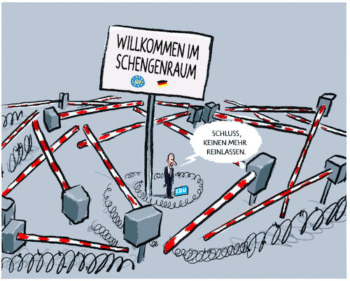 Cartoon: Von Schengen abkommen... (medium) by markus-grolik tagged europa,eu,merz,einreisestopp,cdu,migration,deutschland,aussengrenzen,grenzkontrollen,grenzen,kontrolle,asylpolitik,schengen,europa,eu,merz,einreisestopp,cdu,migration,deutschland,aussengrenzen,grenzkontrollen,grenzen,kontrolle,asylpolitik,schengen