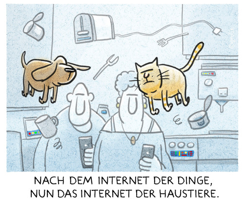 Cartoon: web 4.0.1 (medium) by markus-grolik tagged web,digital,internet,digitalisierung,haustiere,smart,home,kommunizierend,kommunikation,technik,küche,hund,katze,mensch,total,cartoon,grolik,haustier,tier,haushalt