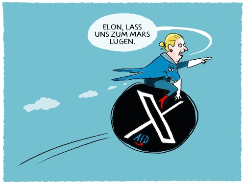 Cartoon: Weidel bei Musk auf X (medium) by markus-grolik tagged weidel,afd,deutschland,germany,elon,musk,tesla,wahlkampf,beeinflussunf,twitter,weidel,afd,deutschland,germany,elon,musk,tesla,wahlkampf,beeinflussunf,twitter