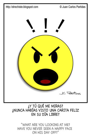 Cartoon: Never (medium) by Juan Carlos Partidas tagged happy,face,smiling,unhappy,upset,angry,carita,feliz,infeliz,enfado,molestia,caracter,yellow