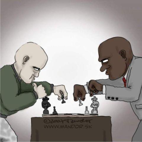 Cartoon: White begins (medium) by Mandor tagged racist,chess