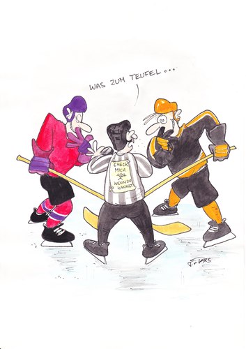 Cartoon: Check mich! (medium) by Josch tagged eishockey,ice,hockey,bully,schiri,schiedsrichter,linesman,linesmen,scherzkeks,jokers,zettel,auf,dem,rücken,spaßvögel,face,off,fun,ahnungslos,was,zum,teufel