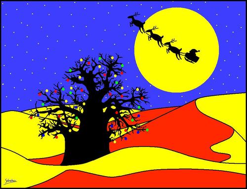 Cartoon: Christmas in Africa (medium) by Thamalakane tagged christmas,africa,baobab,tree,kalahari,desert,santa,reindeer,full,moon