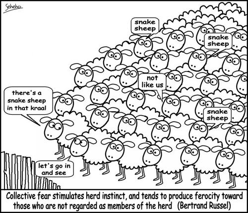Cartoon: herd instinct (medium) by Thamalakane tagged mass,hysteria,herd,instinct,collective,fear,bertrand,russel,mob,behaviour