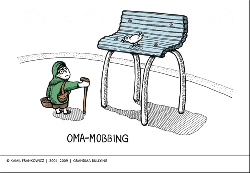 Cartoon: Grandma Bullying (medium) by Kamil tagged oma,mobbing,parkbank,grandma,park,bench