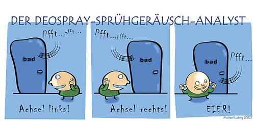 Cartoon: Aus dem Bad kamen Sprühgeräusc (medium) by Ludwig tagged bad,deo,ton,lauschen,geräsuche