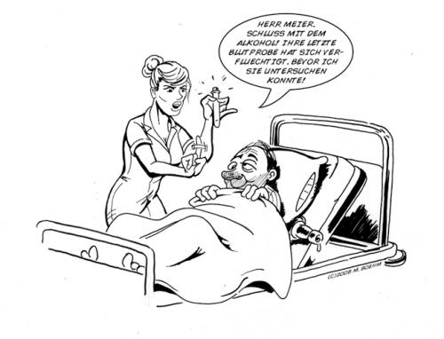 Cartoon: Edler Tropfen (medium) by Michael Böhm tagged nurse,bed,patient,blood,alcohol,krankenbett,krankenschwester,akohol,blutprobe