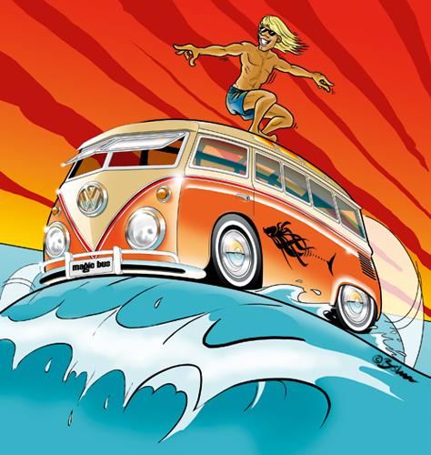 Cartoon: Magic Bus (medium) by Michael Böhm tagged bus,van,vw,surf,sun,summer,ocean,ozean,wasser,water,sommer,sonnenschein,sport
