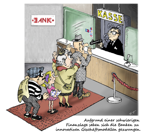 Cartoon: Sog. Bankraub (medium) by Simpleton tagged finanzkrise,zinsen,strafzinsen,strafzins,währung,sparkasse,banküberfall,bankraub,bankkunden,bankgeschäft,bank