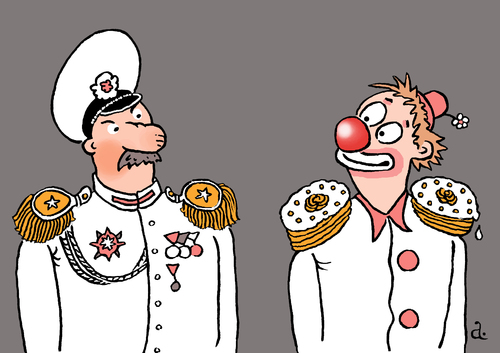 Cartoon: Epaulets and cakes (medium) by Vasiliy tagged politics,army,general,epaulets,clown,cake,joke,war,peace,title,recognition,reward,excellence,officer,uniform,smile