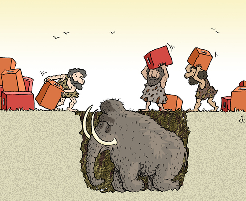 Cartoon: Mammoth and ballot-boxes (medium) by Vasiliy tagged ballot,box,stone,mammoth,hole,poll,election,politics,hunting,trap,pit,mining,people,vote,campaign,fight