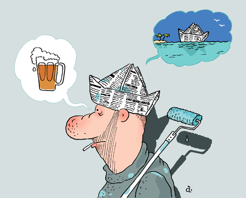 Cartoon: Painter and cap (medium) by Vasiliy tagged relaxation,recreation,holiday,rest,painter,hat,newspaper,thoughts,work,job,dream,vacation,island,ocean,liner,voyage,ship,beer,journey,cap,vehicle,worker,labourer,labour