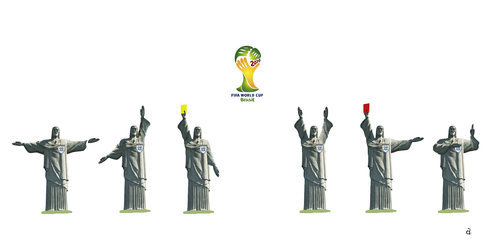 Cartoon: Referee in Rio (medium) by Vasiliy tagged world,cup,football,soccer,rio,de,janeiro,brazil,championship,judge,referee,jesus,christ,statue,monument,gestures,match,sports,game,rules,punishment,cross