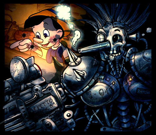 Cartoon: Cyberpunk Pinocchio_color_detail (medium) by hopsy tagged cyberpunk,pinocchio,carlo,collodi,wooden,puppet,long,nose