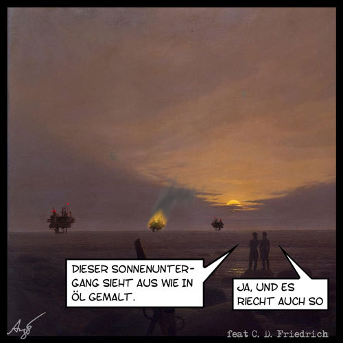 Cartoon: Sonnenuntergang (medium) by Anjo tagged sonnenuntergang,caspar,david,friedrich,bp,öl,bohrinsel,deepwater,horizon,golf,von,mexiko