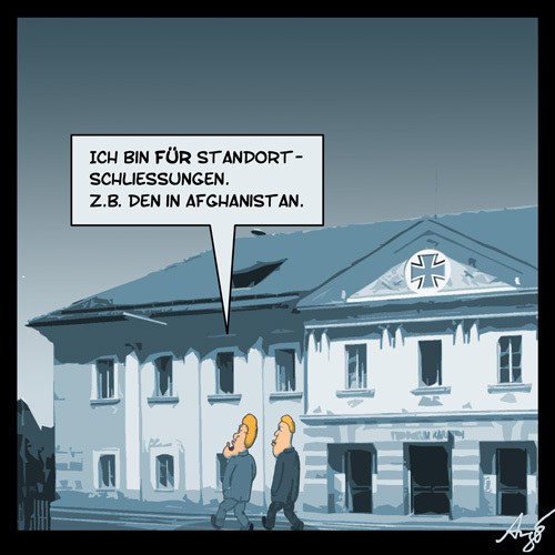Cartoon: Standortschliessungen (medium) by Anjo tagged afghanistan,heer,standortschliessung,guttenberg,schliessung,bundeswehr,standort