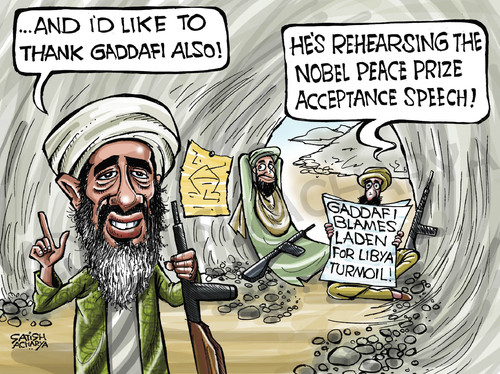 Cartoon: Gaddafi blames Bin Laden (medium) by Satish Acharya tagged gaddafi,libya,laden