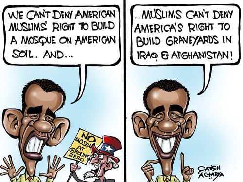 Cartoon: Obama in dilemma over mosque! (medium) by Satish Acharya tagged obama,mosque,at,ground,zero