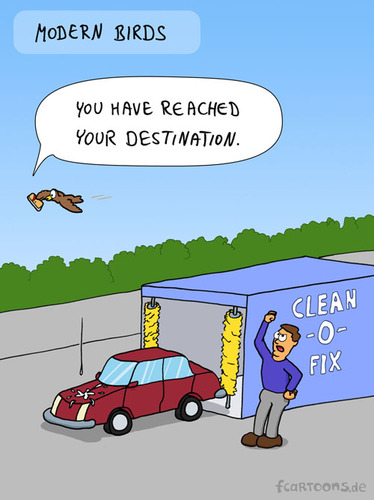 Cartoon: CAR WASH (medium) by Frank Zimmermann tagged water,tyre,fly,bush,bird,man,destination,target,nav,sat,iphone,clean,wash,car,mann,waschen,vogel,scheiße,navi,schimpfen,pout