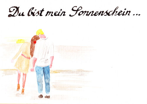 Cartoon: Sonnenschein (medium) by Frank Zimmermann tagged sonnenschein,liebe,pärchen,mann,frau,sonne,sonnenuntergang,hand,spazieren,cartoon,aquarell,hose