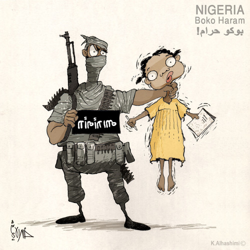 Cartoon: Nigeria..Boko Haram (medium) by Khalid Alhashimi tagged education,humanright,extremist,children,africa
