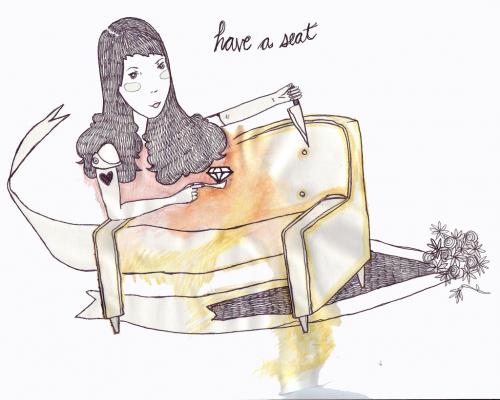 Cartoon: have a seat (medium) by BonnieRue tagged woman,marriage,love,dangerous,seat,knife,threat,tattoo,spoon