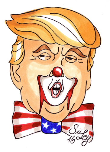Cartoon: Gruselclown - Made in USA (medium) by Suley tagged trump,donald,usa,wahl,präsident,weiße,haus,amerika,republikaner,horror,grusel,clown,maske,politik,präsidentschaftswahl,staaten,hillary,clinton