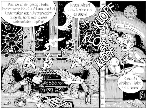 Cartoon: Das Klopfen (medium) by Oliver Gerke tagged heavy,metal,oldschool