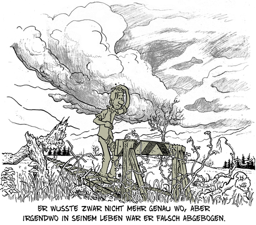 Cartoon: Abstellgleis (medium) by Steffen Elbing tagged leben,dumm,gelaufen,landschaft,zug,schienen,abstellgleis,traurig