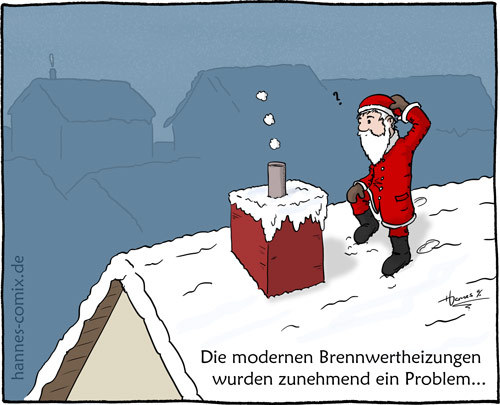 Cartoon: Brennwertheizung (medium) by Hannes tagged brennwertheizung,brennwertkessel,schornstein,weihnachtsmann,weihnachten,xmas,abgasrohr,dach,kamin