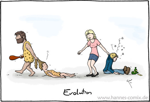 Cartoon: Evolution (medium) by Hannes tagged evolution,männer,mann,frauen,frau,geschlechterkampf,steinzeit,abschleppen,sie,er,wettkampf