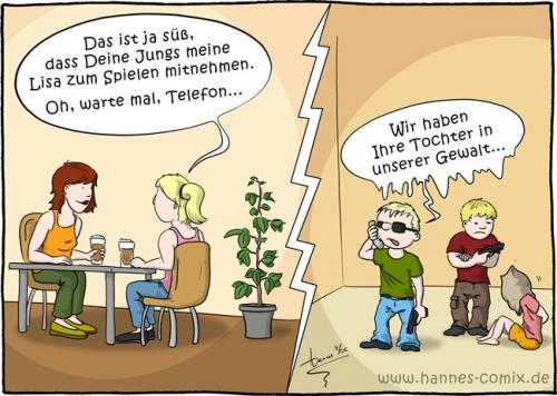 Cartoon: Geiselnahme (medium) by Hannes tagged kinder,eltern,geiselnahme,jungs,mädchen,frauen,räuber,und,gendarm,spiel