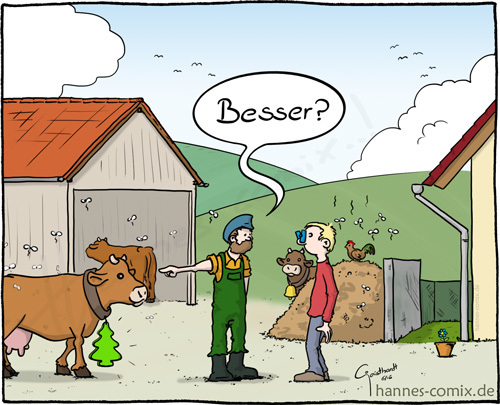 Cartoon: Landluft (medium) by Hannes tagged landluft,nachbarn,landwirt,landwirtschaft,geruch,duft,bauer,stall,kuh,vieh