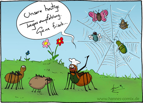 Cartoon: Tagesempfehlung (medium) by Hannes tagged empfehlung,essen,insekten,koch,netz,restaurant,speisekarte,spinne,spinnennetz