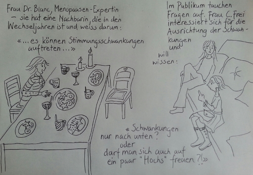 Cartoon: Wechseljahre (medium) by iris lydia tagged wechseljahre,selbsthilfegruppe,stimmungsschwankungen,frauen,kaffeenachmittag