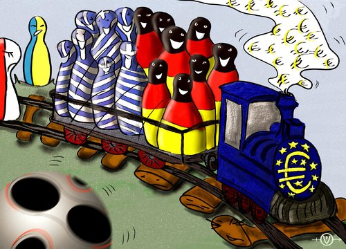 Cartoon: Euro Football Greece Germany (medium) by PuzzleVisions tagged euro,em,greece,germany,football,soccer,train,griechenland,deutschland,fussball,geld,zug